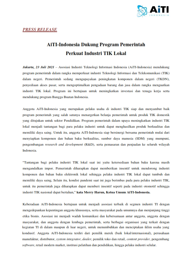 Press Release : AiTI mendukung industri lokal